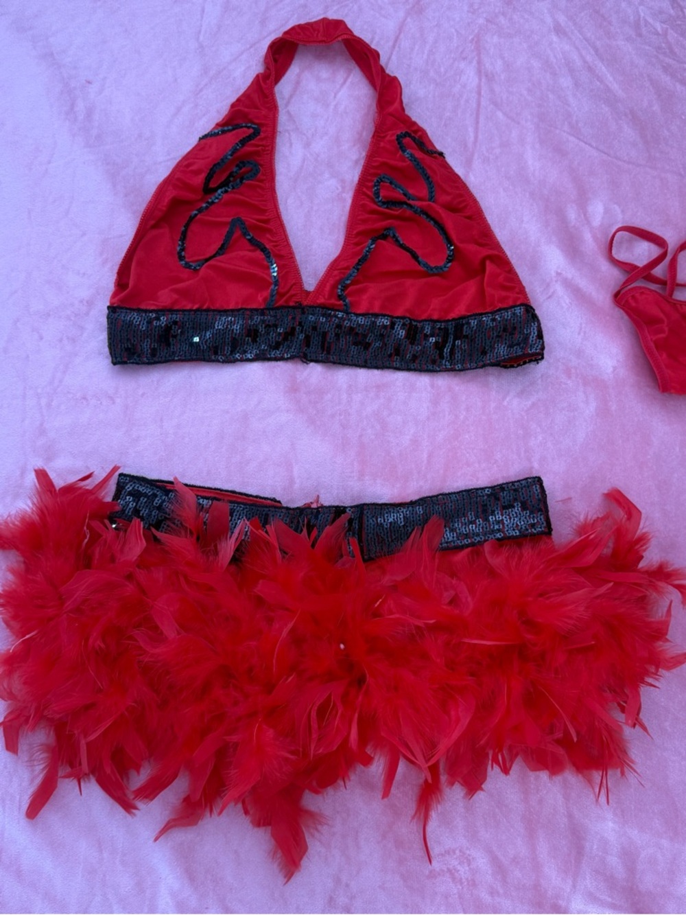 Y2K Red Hot Showgirl Feather Skirt Set Trim Halter Bralette Set Sequin Trim XS/S
